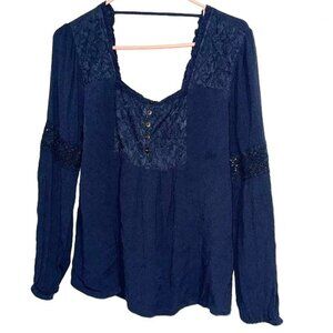 American Eagle Womens Navy Blue Long Sleeve Lace Henley Top S 100% Rayon Casual